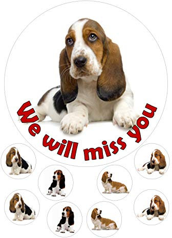 cdb Bassett Hound Round 7.5 inch + 8 Iced Cake Toppers on Icing / Fondant / Frosting Sheet