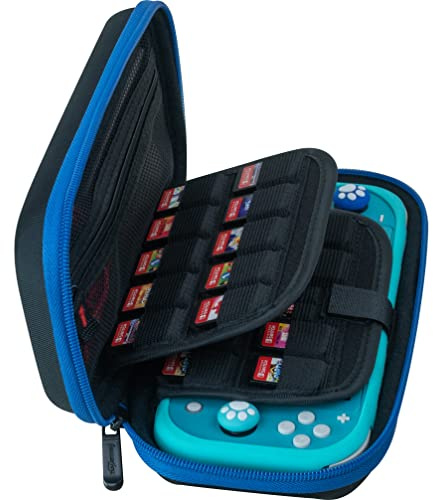 ButterFox Étui de transport fin pour Nintendo Switch Lite (bleu/noir, fin) | 19 jeux + 2 porte-cartes microSD, poche pour accessoires pour câble de charge et écouteurs