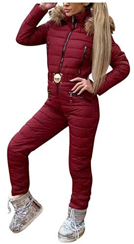 Lazzboy Skianzug Damen Schneeanzug Skioverall Skifahren Skianzüge Overall Jumpsuit Frauen Snowboard Skisuit Outdoor Sport Winter Warme Schnee Sätze Mit Kapuze (Wein,XL)