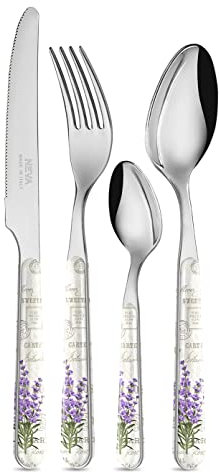 NEVA | BISTROT Vintage Floreal Set 24 Posate, Set Posate in Acciaio Inox, Lavaggio in Lavastoviglie, Decorazione Indelebile, Lavanda