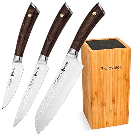 3 Claveles Juego de 3 Cuchillos Profesionales con Hoja Martilleada y Taco de Madera (3X Sakura Plus)