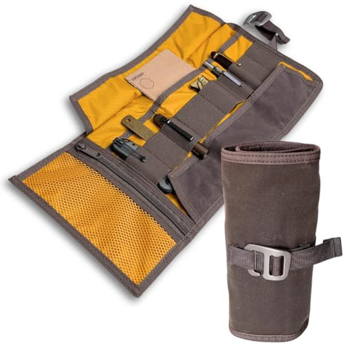 LOCHBY Tool Roll, 8x16 Inches (Unrolled) -Rugged Everyday Carry Organizer for Pens, Tools, & More -Tactical Minimalist Accessory for Men & Women Made with Waxed Canvas -Aluminum Hook Fastener (Brown)