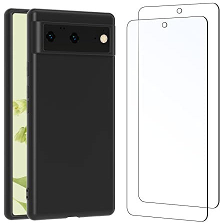NEW'C Hülle für Google Pixel 6 - Ultra Thin Silikon Schwarz TPU Gel und 2 × Panzer Schutz Glas für Google Pixel 6