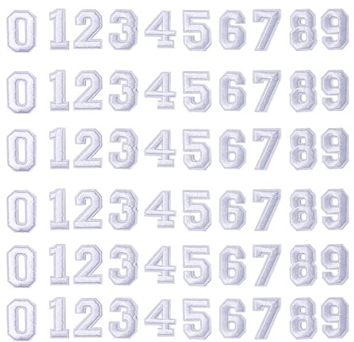 J.CARP 60Pcs White Number 0 to 9 Patches Iron on Sew on Letters for Clothing, Hats, Shoes, Backpacks, Handbags, Jeans, Jackets etc.