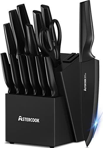 Astercook Messerset, Küchenmesser-Set mit integriertem Sharpener Block, Dishwasher Safe, 15-teilig, aus rostfreiem Stahl, Schwarz