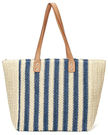 YLXQJIN Sac à main de paille pour femmes, sac de plage bohème, sac de paille d'été Grand sac à bandoulière Sac de plage, sac en osier Sac à main pour femmes avec fermeture éclair (Bleu)