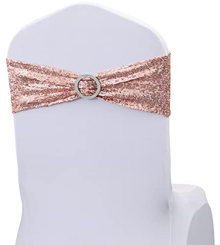 JKDMJF 100 Pack All Around Sequin Rose Gold Chair Sashes Bows for Wedding Decor, Sequins Chair Bands with Buckles for Party Baby Shower Chair Decorations, Rose Gold Sequin Spandex Chair Sashes