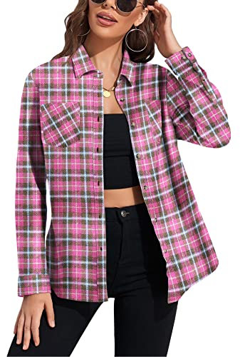 Deer Lady Damen Plaid Flanellhemd Casual Button Down Shirts Oversized Langarm Bluse Top, Z-427-pink, Groß