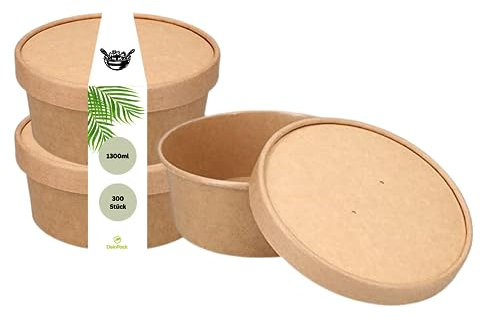 DeinPack Lot de 300 bols à salade 1300 ml - Avec couvercle marron rond - En carton kraft recyclable - Avec revêtement intérieur PLA - Couvercle kraft
