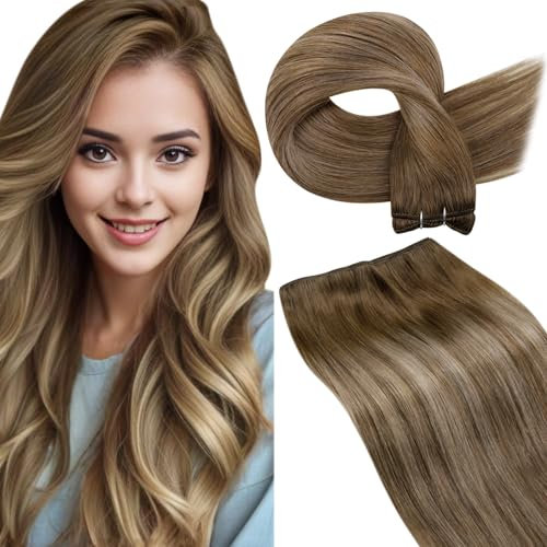 LaaVoo Haartressen Echthaar zum Einnähen 55cm Braun Blond Echthaar Extensions Tressen Hellbraun Balayage Goldene Blond Bundle Extensions Menschliches Haar Extensions Ombre 100g #8/16/8