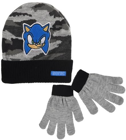 Sonic The Hedgehog Mütze und Handschuhe für Jungen, Winterset für Jungen, Sonic der Igel Mütze und Handschuhe, Winteraccessoires für Kinder – Grau