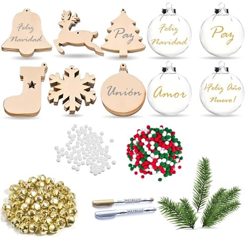 Bola de Navidad Personalizada Manualidades: Diseña Tu Propio Adorno con Mensajes y Diseños Únicos. Incluye Bolas Lisas y Figuras de Madera