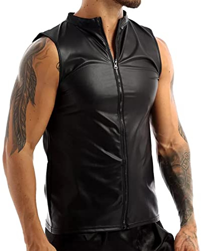 Herren Shirt Muskelshirt Tank Top ohne Arm Leder Lack Latex Optik Schwarz Männer Unterwäsche Stretch Hemd Tops Clubwear Guywear Gogo Swingerclub Freizeithemd Sommer Muskel Top Vinyl Oberteil