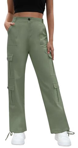 ETOSELL Cargohose für Damen, hohe Taille, weites Bein, Freizeithose, Kampf, Militärhose mit 8 Taschen, Kordelzug, Knöchelbündchen, Grün , M