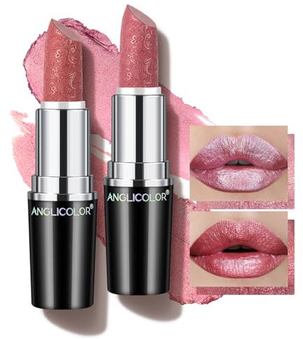 Anglicolor Glitzer Lippenstift Metallic Glänzend Glossy, Shimmer Lipstick Seidig Velvet Langanhaltend Feuchtigkeitsspendende, Vegan Lipgloss Damen Mädchen Make-up (01+11,8g)