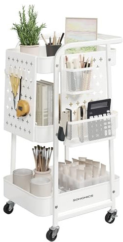 SONGMICS Carrito de Almacenamiento, Carrito con Ruedas, 3 Estantes Malla Metálica, 2 Paneles Perforados Extraíbles, 2 Soportes de Colgar, 4 Ganchos, para Oficina Cocina Baño, Blanco Nube LRC037W01