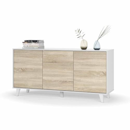 amuéblate online Buffet, Salon Salle à Manger 3 Portes, modèle Bora, Dimensions : 154 cm (Largeur) x 75 cm (Hauteur) x 41 cm (Profondeur), Bois, Blanc Brillant et chêne Canadien