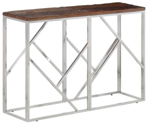 vidaXL Konsolentisch, Konsole Beistelltisch Pflegeleicht, Wandtisch für Wohnzimmer Flur, Flurtisch Tisch, Modern, Silbern Edelstahl Massive Holzschwellen