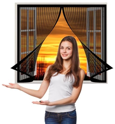 Fliegennetz Fenster Magnet 98 x 198 cm, Insektenschutz Fliegengitter Balkontür Moskitonetz Fliegennetz, Auto Schließen Magnetische Adsorption für Windows/Wohnzimmer Fenstern, Schwarz