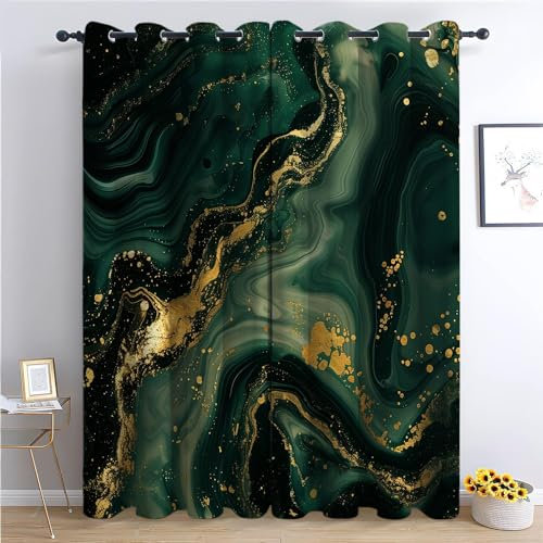 XCQHZYQ Lichtundurchlässige Vorhänge 2er Set Marmor Gold Dunkelgrün H 229 x B 168 cm Verdunkelungsvorhang Ösen Gardinen Verdunkelung Doppellagige und Schwere Vorhänge gegen Kälte Thermogardine