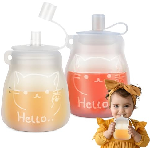 btrfe Wiederverwendbare Babynahrungsbeutel, Quetschbeutel für Kleinkinder, Kinder, BPA-freie nachfüllbare Silikonbeutel für Babynahrung, Pürees, Säfte, Smoothies und Joghurt, 2 Stück, 180 ml, ab 6