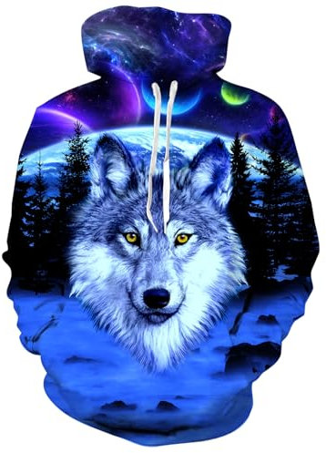 Fanient Hoodie Pullover Damen Herren Jugend 3D Kapuzenpullover Coole Blauer Wolf Bedruckt Lange Ärmel Kapuzenshirt Sweatshirt L