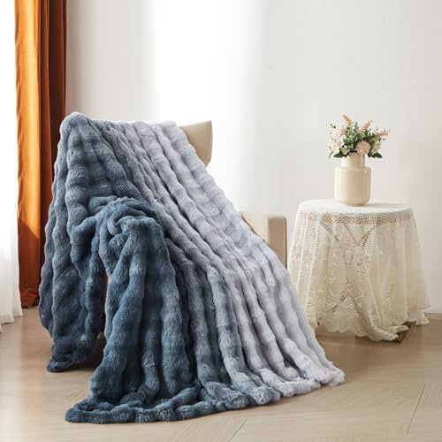 YASMENG Plüsch Kuscheldecke Flauschig Winter Warm Farbverlauf Grau Blau Plüsch Langhaar Kuscheldecke 200x220 Super Weich Kuschelig Dicke Kaninchen Kunstfell Sofadecke für Bett Sofa Couch Schlafzimmer