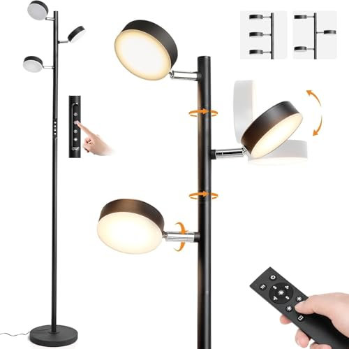 JUNNAI LED Tree Floor Lamp for Living Room, Dimmable Modern Floor Lamp with Remote & Touch Control, 3 Rotatable Lights, Timer, 4 Color Temperatures, Tall Standing Lamp for Bedroom, Office