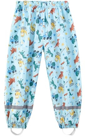 Dioshark Pantalon de Pluie pour Enfant Imperméable Pantalon de Boue Bleu Dinosaure Coupe-Vent Réfléchissant Léger Non Doublé Séchage Rapide Surpantalon Vélo Randonnée Extérieure pour Garcons 3-4 Ans