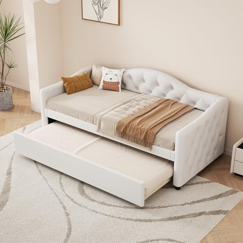Kebnor Daybettt, 90x200cm Tagesbett mit ausziehbarem Bett,Schlafsofa, Einzelbett(Ohne Matratze), Leinen, minimalistisches Styling, beige