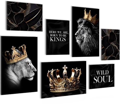Novart Bilder Löwe König der Tiere - KOMPLETT AUFHÄNGFERTIG - Schwarz Gold Wohnzimmer Schlafzimmer Flur - 7 Moderne Mood-Bilder - N029772c