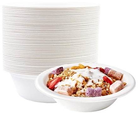 BOKFJBP 50Stück Weiß Einweg Suppenschalen, 260ML Einwegschalen Zuckerrohr Bagasse langanhaltender Wärmespeicherung Langlebige Suppenschalen für Zuhause Haushalt BBQs Picknicks Outdoor Essen