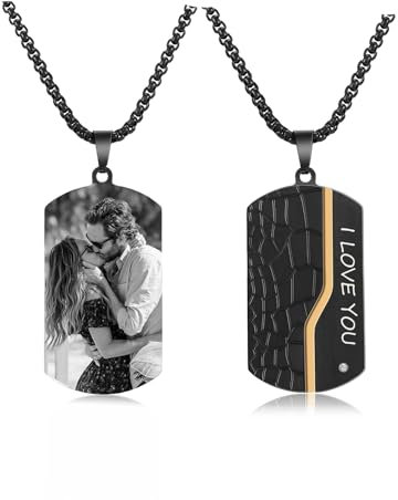 PiercingJak Personalisierte Dog Tag Halskette Foto Text Beidseitig Gravur Edelstahl Hundemarke Kette Memorial Anhänger Erinnerung Schmuck Individuelle Geschenke für Herren Frauen, Steinoptik