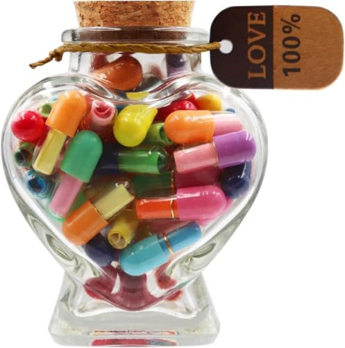 Capsule Letters Message in a Heart Glass Bottles, 50Pcs Cute Smiling Face Love Capsule Letters Message Pills, Romantic Boyfriend Gifts, Anniversary, Birthday, Valentines Gift for Boyfriend/Girlfriend
