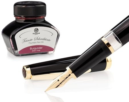 Cleo Skribent Classic Gold Fountain Pen Set, Plunger Fountain Pen, M Nib and 30 ml Burgundy Ink