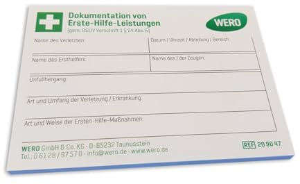 WERO Haftnotizblock zur Dokumentation von Erste Hilfe Leistungen | 50 Blatt | Angaben gemäß DGUV Vorschrift 1 § 24 Abs. 6 | platzsparend | selbstklebend