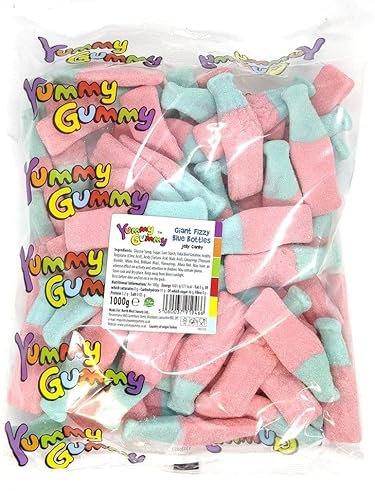Yummy Gummy Giant Fizzy Bubblegum Bottles – 1kg Bulk Bag | Soft & Chewy Pink & Blue Sour Sweets, Retro Pick & Mix Candy