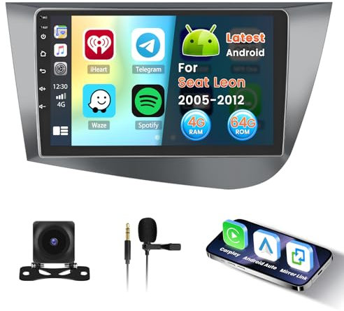 Inefala Android 15 Radio für Seat Leon 2005-2012 mit Wireless CarPlay 4+64G, 9 Zoll Bildschirm mit Android Auto DAB HiFi 59UI FM RDS GPS Bluetooth WiFi SWC AHD Rückfahrkamera