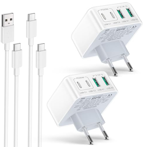 2er Pack USB C Ladegerät, 40W Schnellladegerät 4 Ports PD+QC Netzteil, Mehrfach USB C Power Adapter mit 2M USBC Kabels für iPhone, Samsung, Handy Ladeladapter Ladestecker
