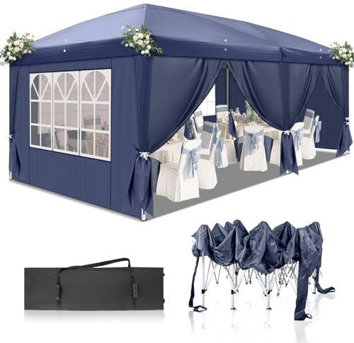 TactFire Pavillon 3x6 m,Faltpavillon,Wasserdicht Stabil Winterfest UV Schutz 50+,420D Oxford,Faltbar Höhenverstellbar,Partyzelt,Gartenzelt,Für Garten Camping,Outdoor,Blau,6 Seitenteilen