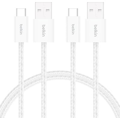 Belkin Paquete de 2 Cables Trenzados USB-A a USB-C de 1,5 m (15 W), carga rápida, cables de alimentación flexibles USB tipo C para iPhone 16 y 15, Galaxy S25, Pixel 9, iPad Pro y otros, Blanco