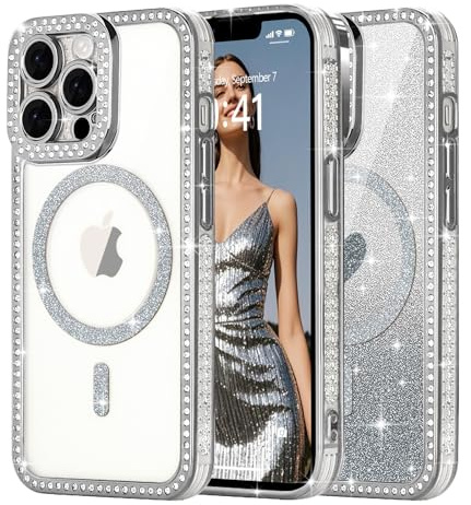 Ethanger Magnetic Glitter Case for iPhone 13 pro max, Bling Border, Silver | Compatible with MagSafe, Sparkle Rhinestone Border, with Removable Glitter Insert, Protective Shockproof for Women Girls