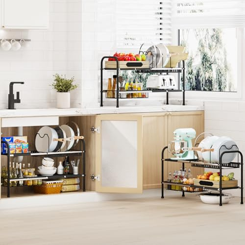 Mointal Juego de 2 Estantes de Cocina Extensibles, Organizador Modular para Bajo Fregadero y Encimera, Ancho (48-88 cm) y Altura Ajustable, con 2 Soportes para Tapa y 4 Cestas, Negro