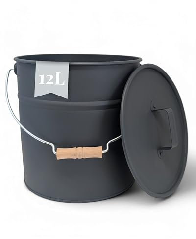 LIVLIG Seau en zinc avec couvercle, 10 l, seau à cendres, en métal, accessoire de cheminée, en tôle, anthracite