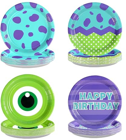 60Pcs Monster Birthday Party Paper Plates -Monster Birthday Party Supplies 9 Disposable Green and Purple Cartoon Paper Plates for Monster Theme Par-ty Decorations