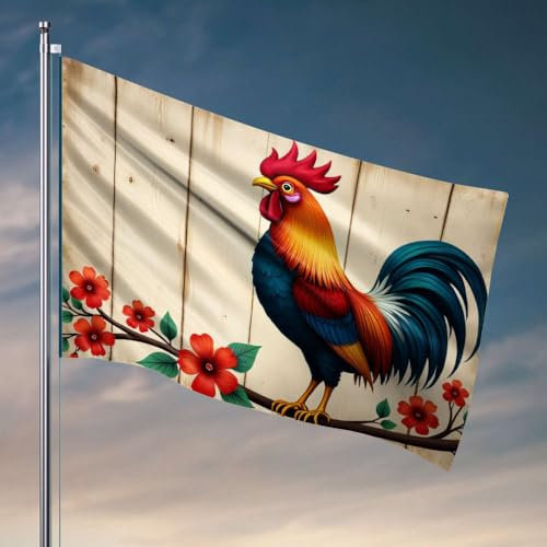Drapeaux pour chambre drôle Un coq coloré perché sur une branche avec des fleurs vibrantes. Drapeau décoratif pour porche extérieur pour dortoir (30 x 45 cm)
