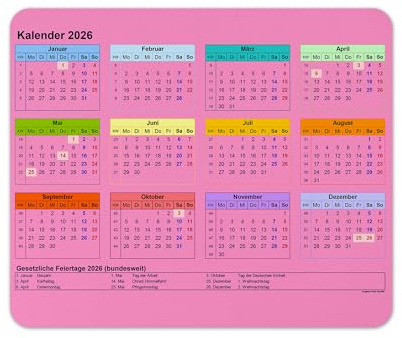 Kalender (Kalender Deutsche Version) 2026 Mauspad mit rutschfestem „Urlaub“-Motiv für PC, Desktop, Laptop, Büro, Schule, Arbeit, Zuhause (Rosa)