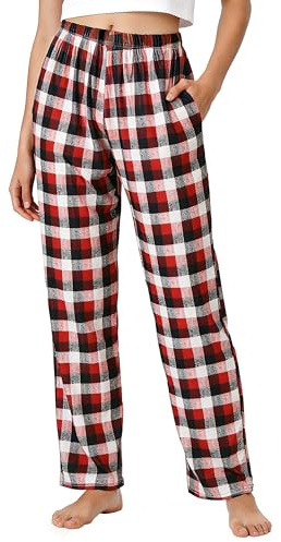 JasGood Damen Karierte Schlafanzughose Lang Weich Polyester Pyjamahose für Frauen Freizeithose Winter Hose Weihnachts Loungehose mit Taschen S-XXL