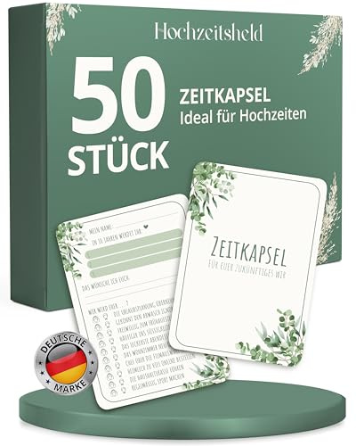HOCHZEITSHELD Zeitkapsel Hochzeit 50 Stück als schöne Gästebuch Alternative | Hochzeitsspiele für Gäste zum Ausfüllen - liebe Botschaften & Wünsche fürs Brautpaar, geöffnet nach 1, 5 und 10 Jahren Ehe