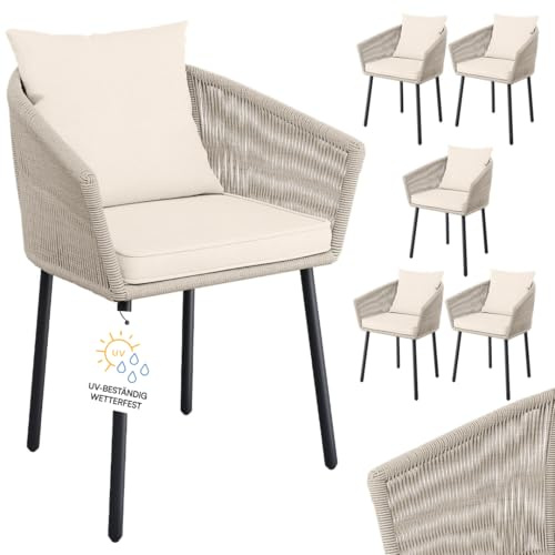 STEELSØN Nair Gartenstühle 6er Set – Terrassenstühle aus Rattan beige – Outdoor Schalenstuhl für Terrasse/Garten/Balkon – Loungesessel wetterfest Metallgestell – Balkonstuhl mit Kissen bis 160 kg